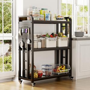 Bakers Rack with Power Outlet, Free Standing Kitchen Storage Shelf Rack, 3 Tier Kitchen Microwave Cart,3 Tier Heavy Duty black Metal Rolling Cart with Lockable Wheels(Black, 15.75x31.5x47)