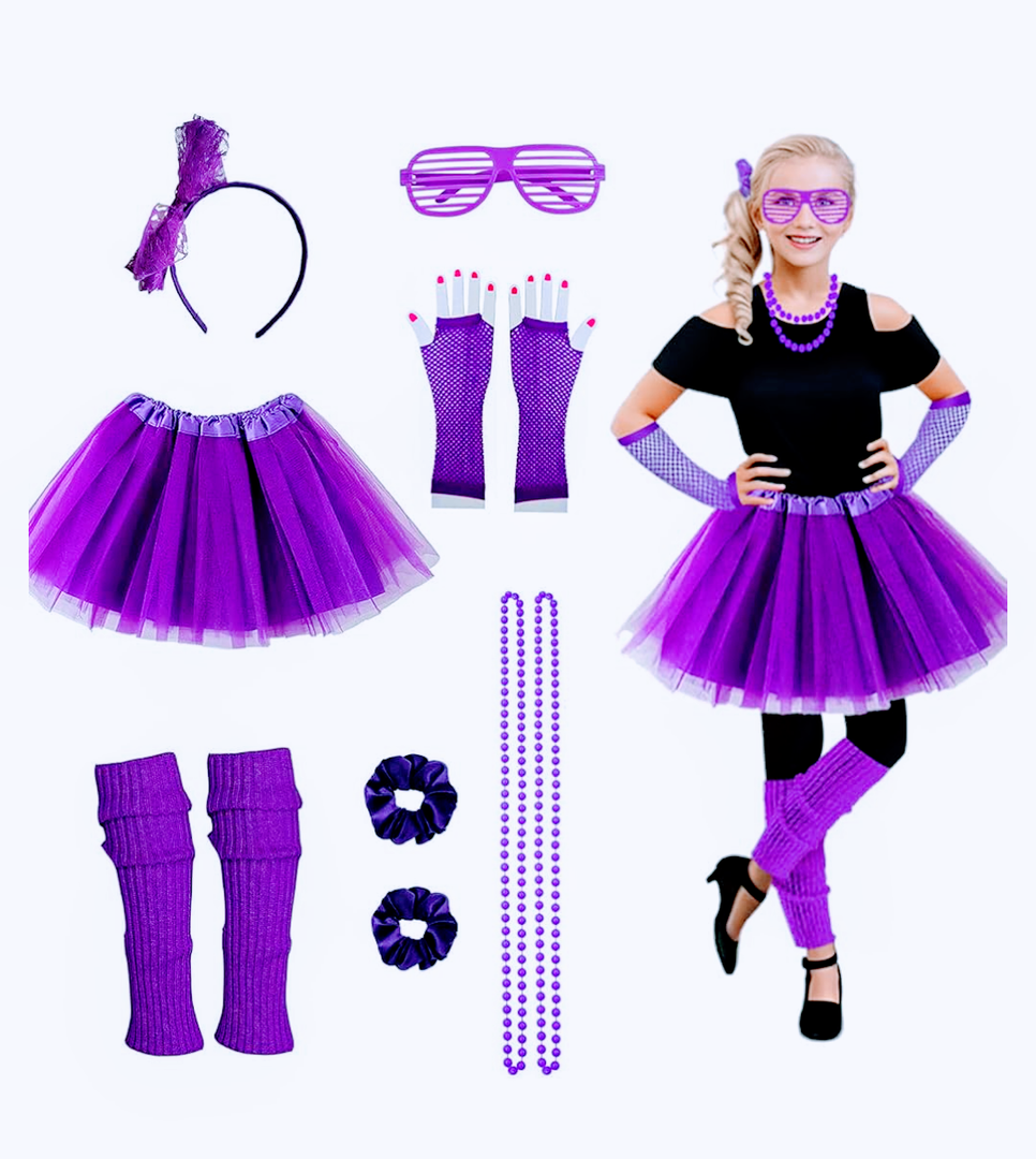 Joizomou Girls 80s Outfit Costume Accessories 7pcs 70s 1980s 90s Costumes with Purple Sparkle Tutu Neon Leg Warmers 80s Neon Scrunchies Gloves Necklace Glass for Cosplay Theme Party
