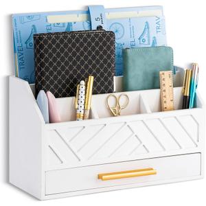 white Wood Desk Organizer and Accessories with Drawer, Bill Mail Organizer and File Mail Holder for Office Supplies, Modern Desk Accessories & Workspace Organizers for Desk Organization