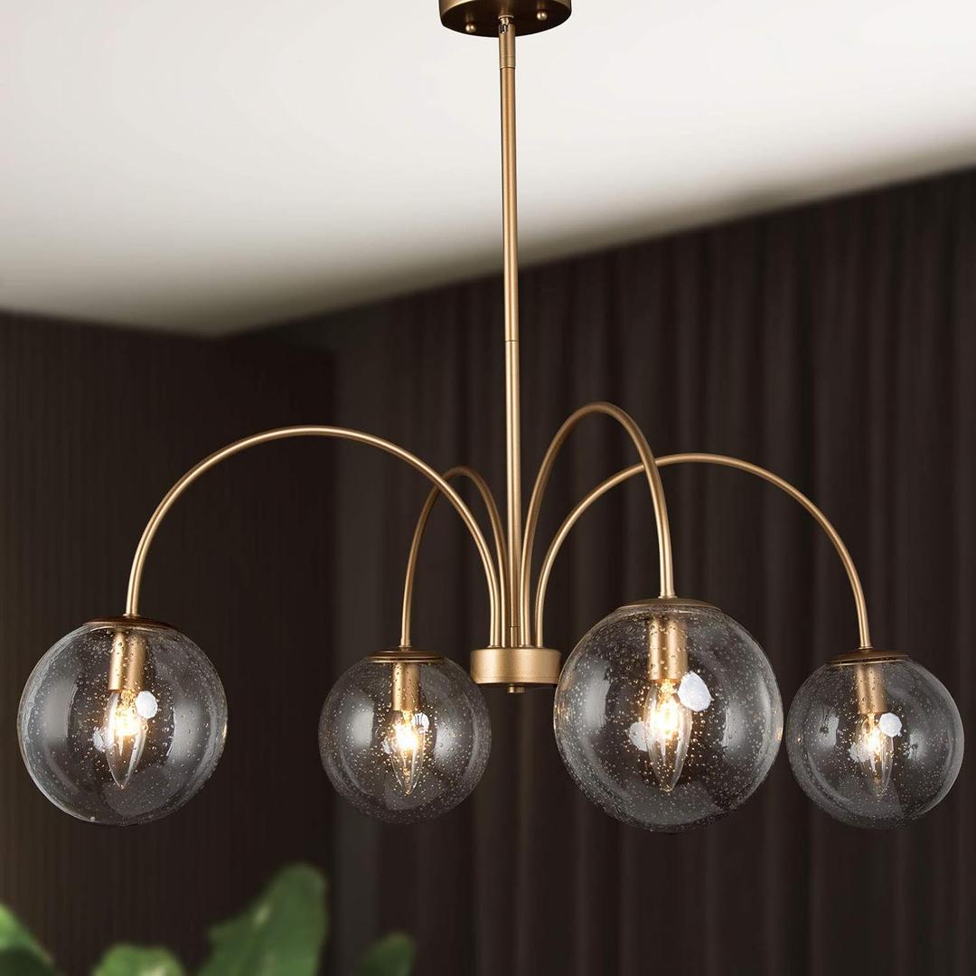 classy leaves Chandeliers for Dining Rooms, 33 Modern Gold Chandelier, Large Globe Pendant Light Fixtures with Globe Seeded Glass Shade for Living Room, Bedroom & Kitchen, Dark Golden Finish