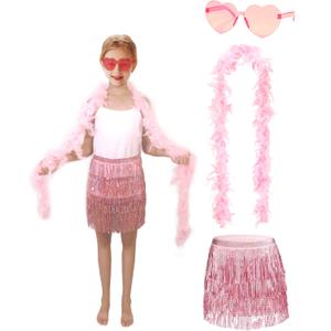 Girls Sequin Skirt Kids Fringe Tassel Skirt Feather Boa Sunglasses Belly Dance Rave Disco Tutu for 3-12Y (Pink Sets)