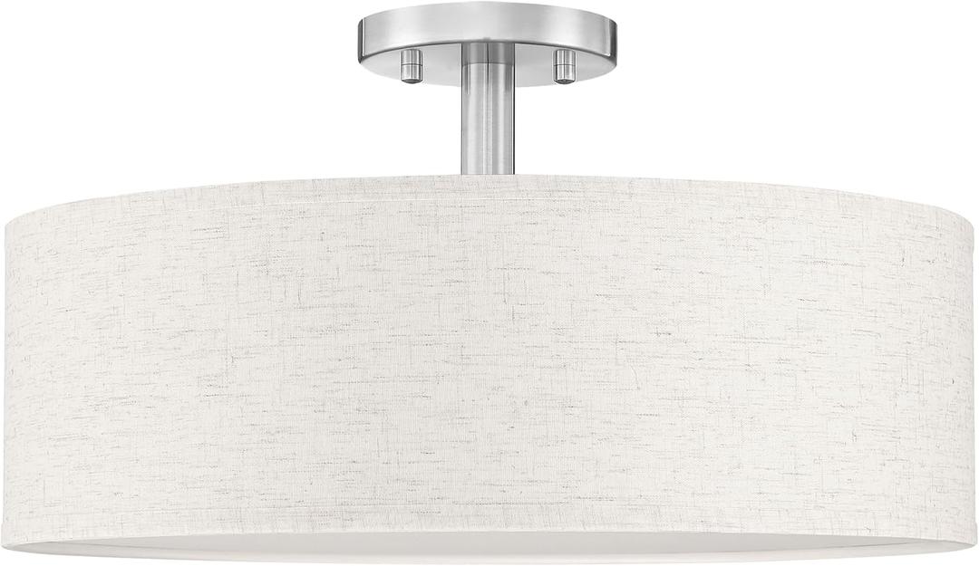 18 Inch Drum Brushed Nickel 4 Light Semi Flush Mount Close to Ceiling Light Fixture,Cream Fabric Shade for Bedroom,Living Room,Dining Room Hallway