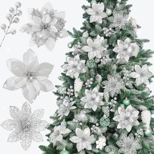TUZAZO 30 PCS Poinsettia Flowers Artificial Christmas Tree Decorations, 3 Styles Silver Glitter Ornaments with Clips and Berry Stems for DIY Wreath Fireplace Stair Decor