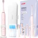 PERECT Ultrasonic Electric Toothbrush with 6 Brush Heads, 5 Modes Electric Toothbrush, Travel Rechargeable Power Toothbrush for Adults with Smart Timer &Travel Case & Soft Picks, IPX7 Waterproof, Pink