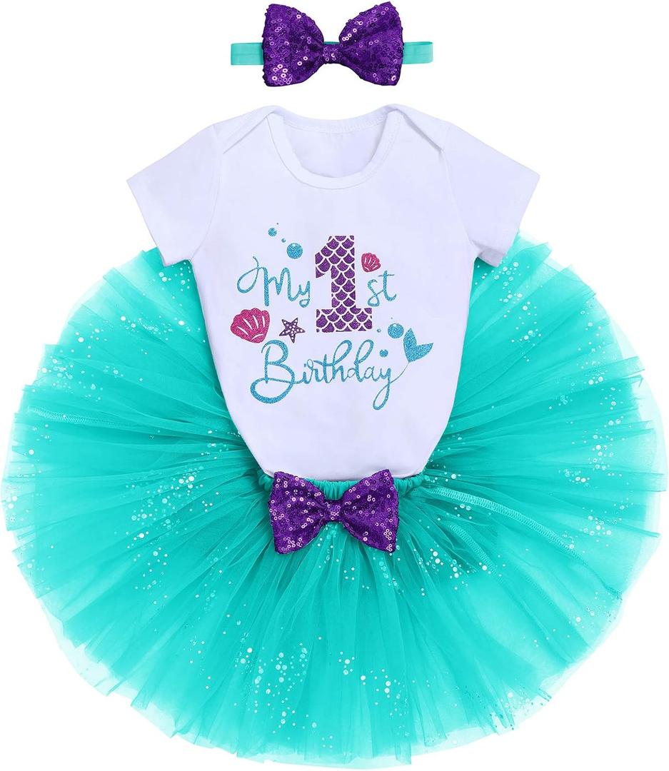 FYMNSI Mermaid 1st 2nd 3rd Birthday Outfit for Baby Girl Romper Tutu Skirt Shiny Headband Cake Smash Clothes Set Photo Props (1T, Aqua) FYMNSI Mermaid 1st 2nd 3rd Birthday Outfit for Baby Girl Romper Tutu Skirt Shiny Headband Cake Smash Clothes Set Photo Props (1T, Aqua)