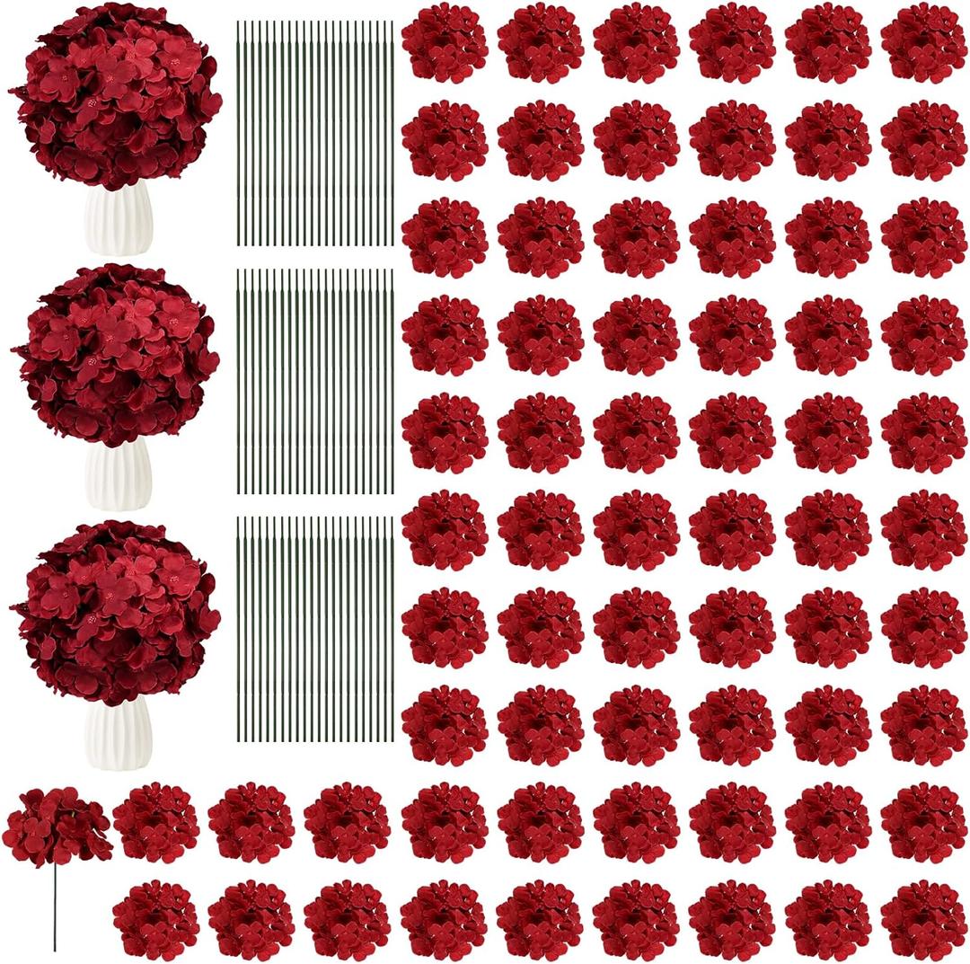 66PCS Hydrangea Artificial Flowers Silk Fake Flowers with Stems for Mother's Day, Home Wedding Decor, Party Table Centerpieces DIY Project and Bouquet Floral Garlands Decoration (Burgundy)