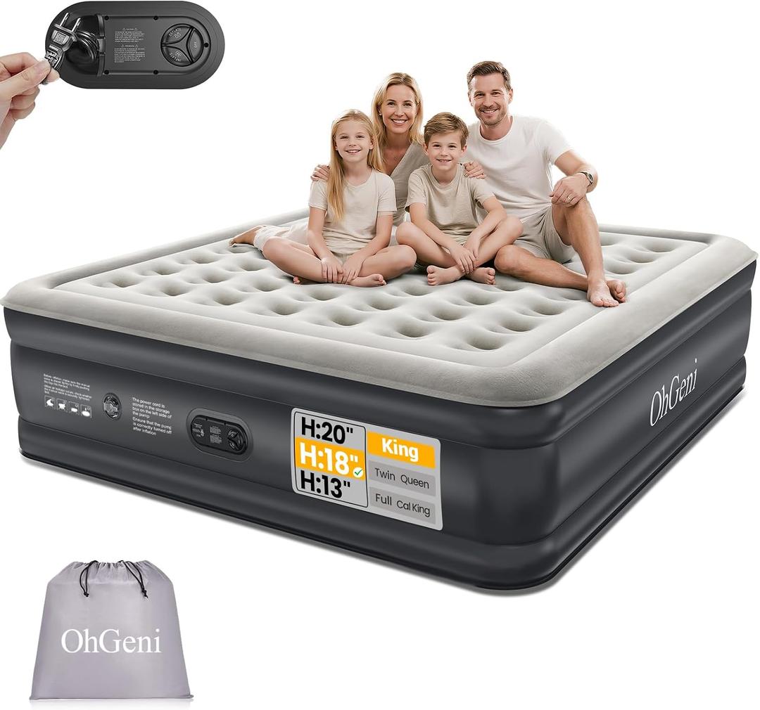 OhGeni King Size Air Mattress with Built in Pump, Family Choice Award Winner, 18'' Comfortable Blow Up Colchones Inflables Mattress for Home, Guests, Portable Air Bed, 700 lbs, Gift for Mom