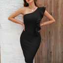 Women's One Shoulder Ruffle Bodycon Dress Elegant Cocktail Party Slit Midi Dresses (Black)