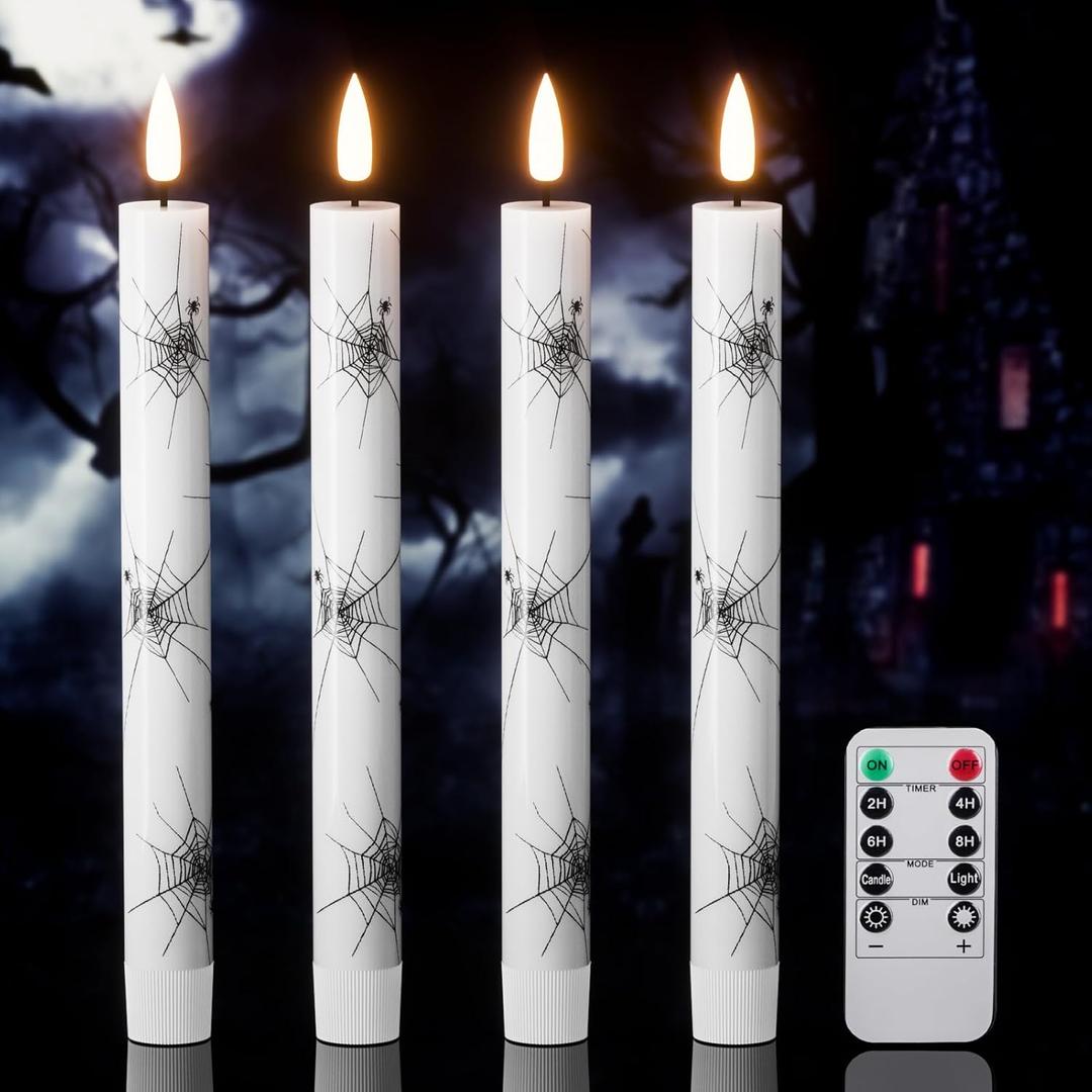 Halloween Flameless Taper Candles with Remote Timer, 4 Pack LED Flickering Candlestick, 9.65 Inch Battery Operated Real Wax with Spider Web Prints Halloween Decor Indoor