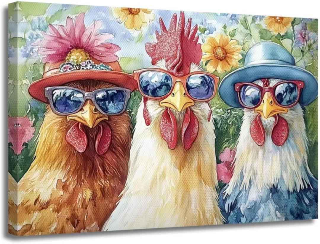 ZSHARTSWD Funny Roosters Wall Art Color Chicken with Glasses Pictures Farm Animals Painting Farmhouse Rooster Canvas Prints Kitchen Bathroom Home Decor Framed (Beige, 16.00" x 20.00")