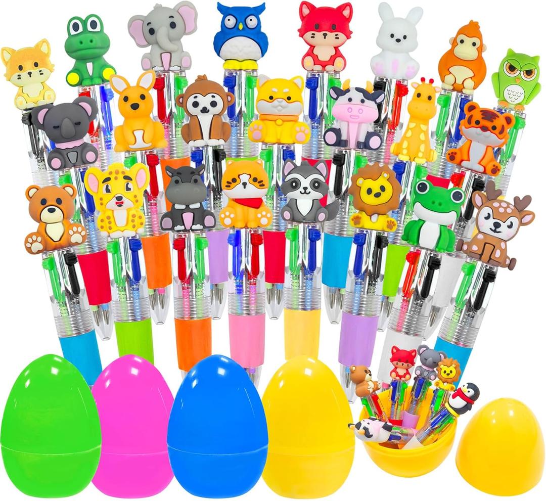 Holydeck 24 Pcs Animal Multicolor Pens 4 Colors in 1 Ballpoint Pen Bulk with 4 Pcs Easter Eggs for Kids Girls Boys Easter Basket Stuffers Party Favors Easter Egg Fillers Hunt