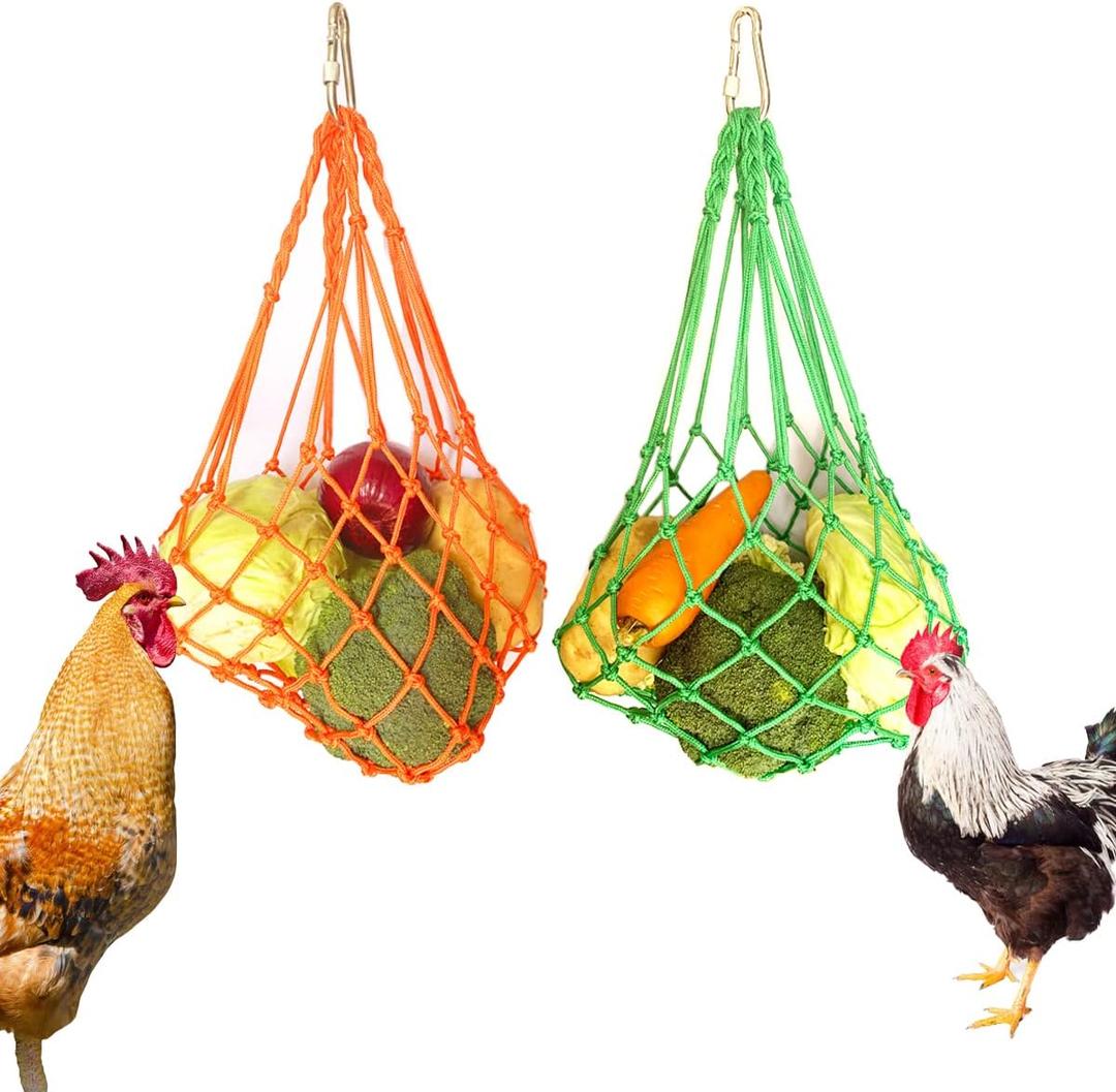Chicken Vegetable String Bag Poultry Fruit Holder Chicken Cabbage Feeder Treat Feeding Tool with Hook for Hens Chicken Coop Toy for Hen Goose Duck (Green Orange)