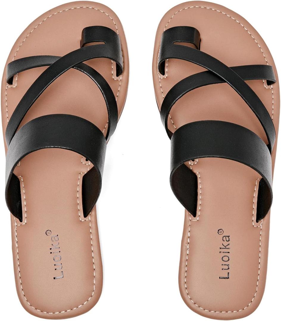 Luoika Women's Wide Width Flat Sandals, Flip Flop Slides Sandal Casual Strapy Sandal Slip on Summer Beach Shoes for Women. (7 X-Wide, Black 705)