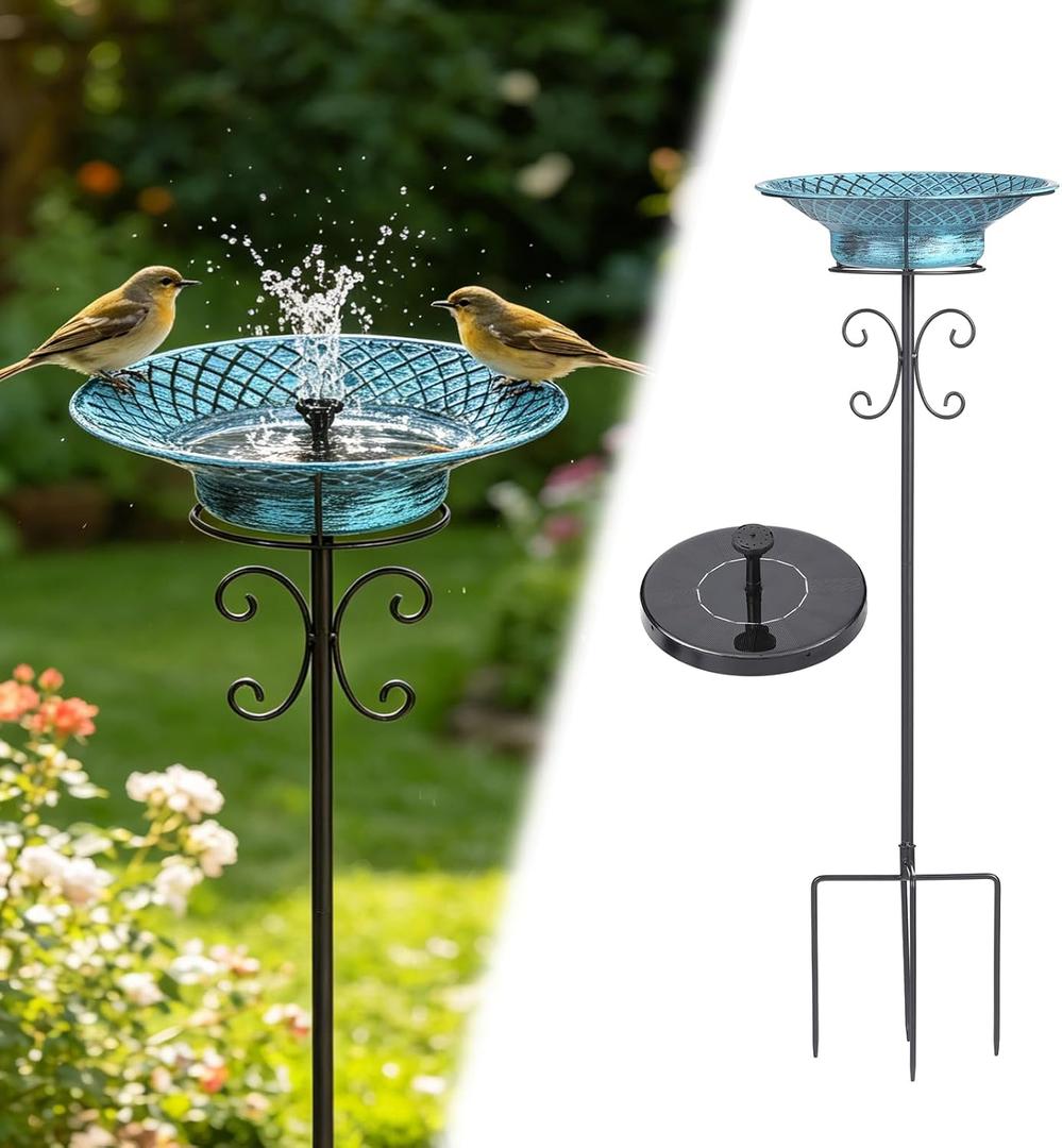 Metal Bird Bath for Outside, 37" H Free Standing Bird Baths with Removable Bowl, Solar Hummingbird Bath, 4 Prong Base Stake, 2-in-1 Bird Bath Feeder for Garden Patio Yard Lawn Decor, Blue