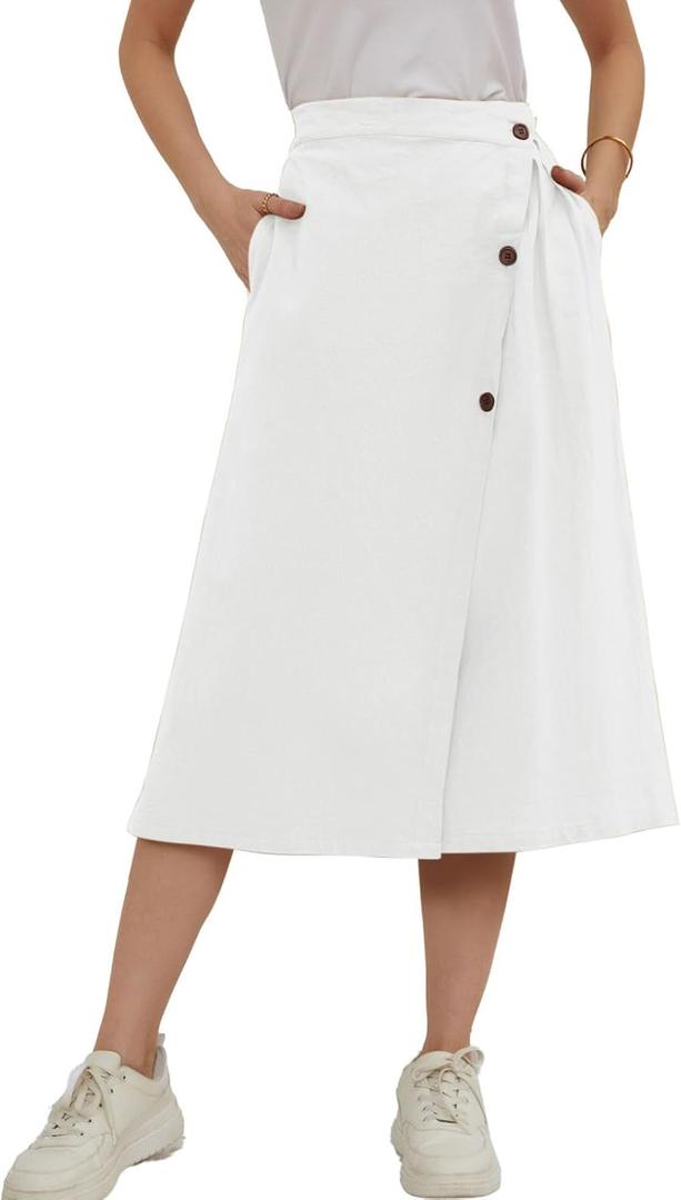 CHARTOU Women's Summer Linen Elastic Back Buttoned Swing Midi A Line Skirt (White, XL)