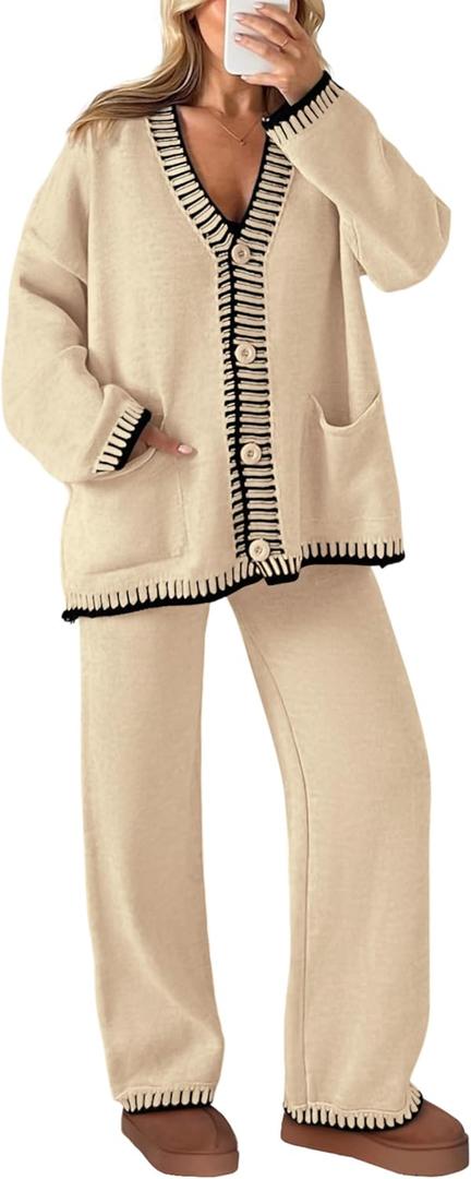 PRETTYGARDEN Women's 2 Piece Outfits Knit Matching Lounge Sets Long Sleeve V Neck Cardigan Sweaters Wide Leg Pants Tracksuits (Large, Beige)