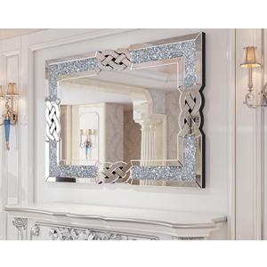Crushed Diamond Wall Mirror: 36 x 24 inch Rectangular Glass Silver Vanity with Decorative Glam Bling Crystal Frame Edge, Funcky Home Art Decor for Livingroom Dining Room Bathroom