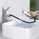 MIAOHUI Vessel Sink Faucet with Pull Out Sprayer, 3 Spray Mode Tall Bathroom Sink Faucet, High Bathroom Faucets for Sink 1 Hole, Single Handle Modern Vanity Faucet with Fountain Mode, Brushed Nickel
