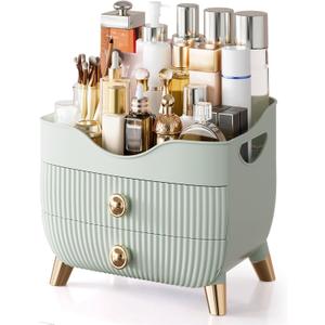 Makeup Organizer for Vanity, Large Capacity Skincare Cosmetic Organizer Countertop with 2 Drawers, Cosmetic Display Cases Makeup Storage Box for Bedroom, Bathroom, Ideal Gifts for Women(Green)