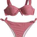 MakeMeChic Women's 2 Piece Plaid Bikini Sets Gingham Print Bow Knot Backless Swimsuits High Waist Bathing Suit (Medium, Red)