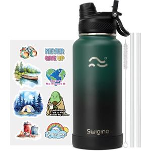 Swigina Insulated Water Bottle with Silicone Boot (36hrs Cold/18hrs Hot) - DIY Stickers, [2-in-1 Lid], BPA Free, 32 oz