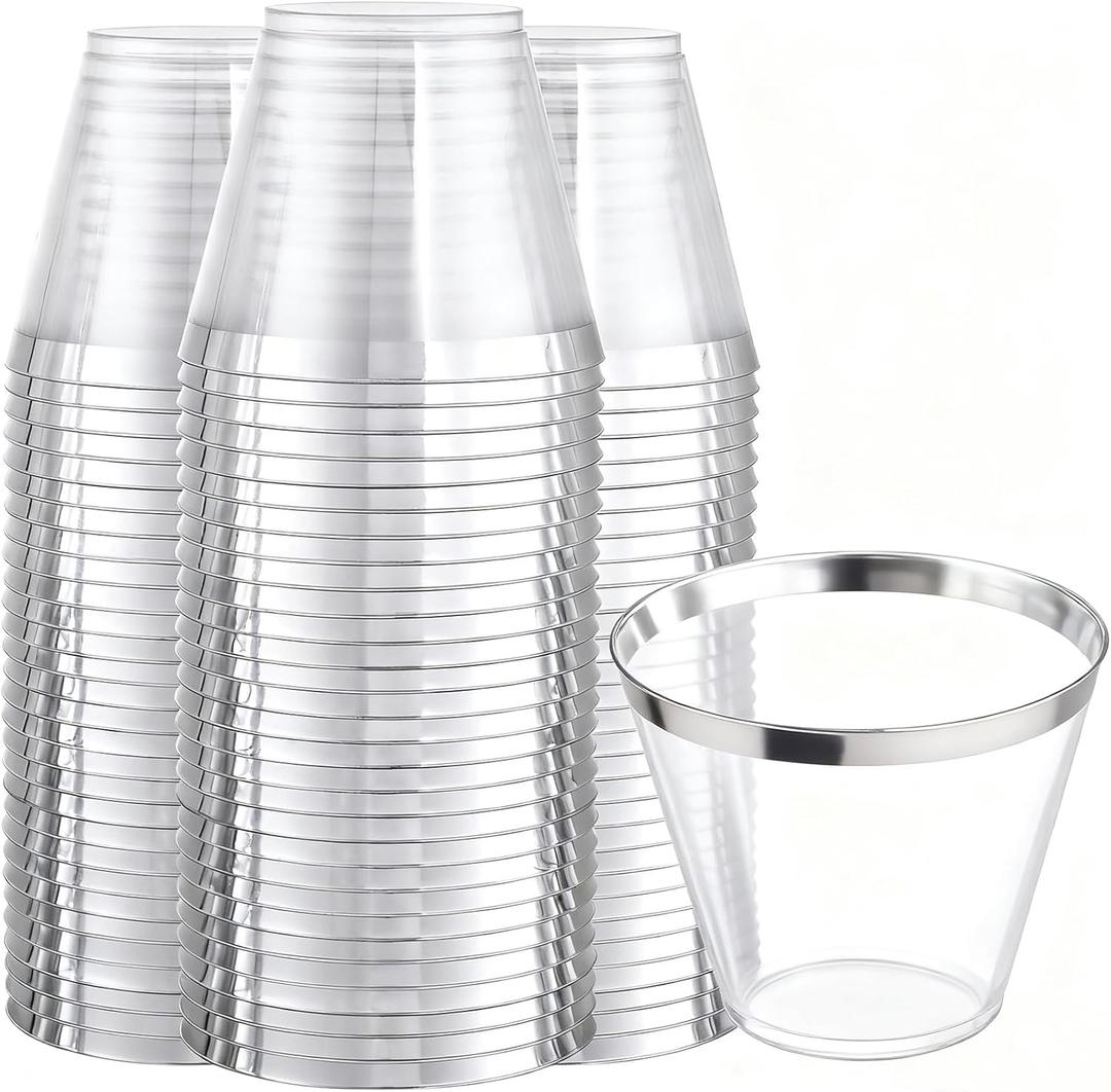 Ciaell 200PCS Silver Plastic Cups - 9Oz Heavy Duty Plastic Cups - Silver Rimmed Cup - Disposable Clear Cup with Silver Rim for Party & Wedding