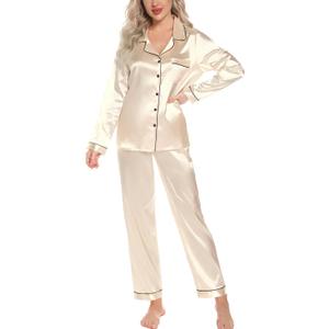 Leikar Silk Pajamas Long Sleeve Pajama Sets For Women Soft Button Down Pajamas Pj Set (Beige, S)