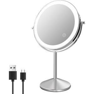Ysenchan Lighted Makeup Mirror, 8'' Rechargable LED Vanity Magnifying Mirror, Double Sided 5X Manification Mirror with Stand, Cosmetic Standing Desk