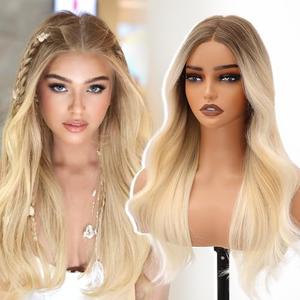 Ombre Dirty Blonde Glueless Wig Synthetic Lace Front Wig 13x4 Pre Plucked Pre Cut Wavy Wig