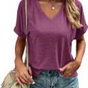 Liooil Women's Tshirts V Neck Short Sleeve Summer Tops Casual Basic Tee Shirts (Medium, Burgundy)