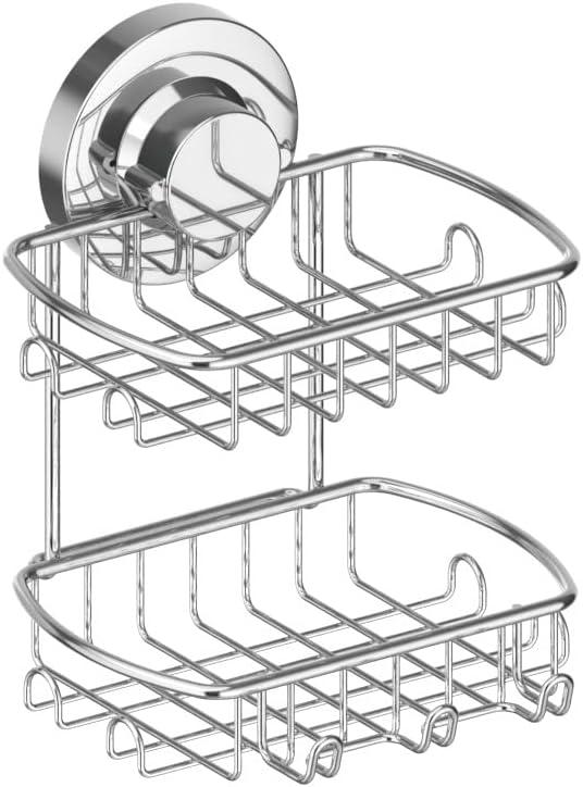 Soap Dish for Shower Suction Cup Powerful Vacuum System Rustproof 304 Stainless Steel Basket Sponges Holder with Razor Hooks for Bathroom or Kitchen Soap Holder, 2 Tier (Silver) (Silver)