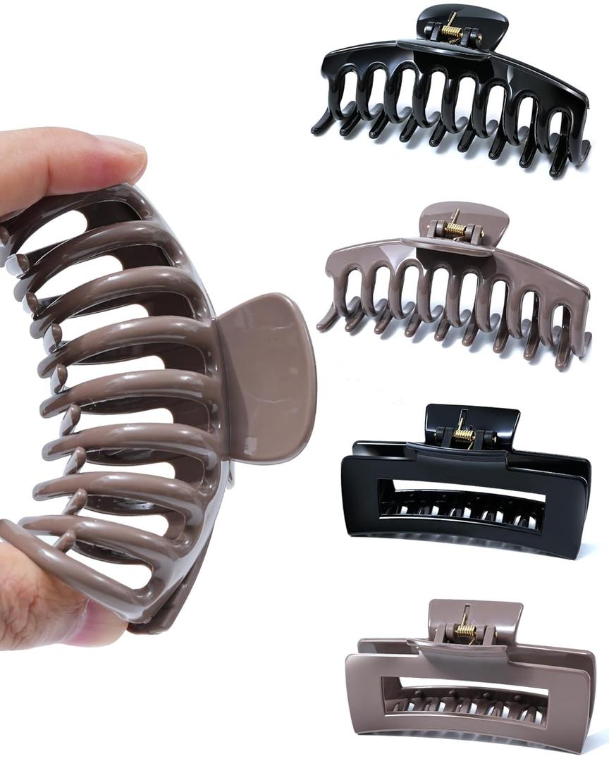 Mesovor 4 Pack Silicone Flexible Hair Claw Clips, Nonslip Large Bendable Claw Clip | Soft Hair Grip Hairclips for Thin and Thick (Black, Coffee)