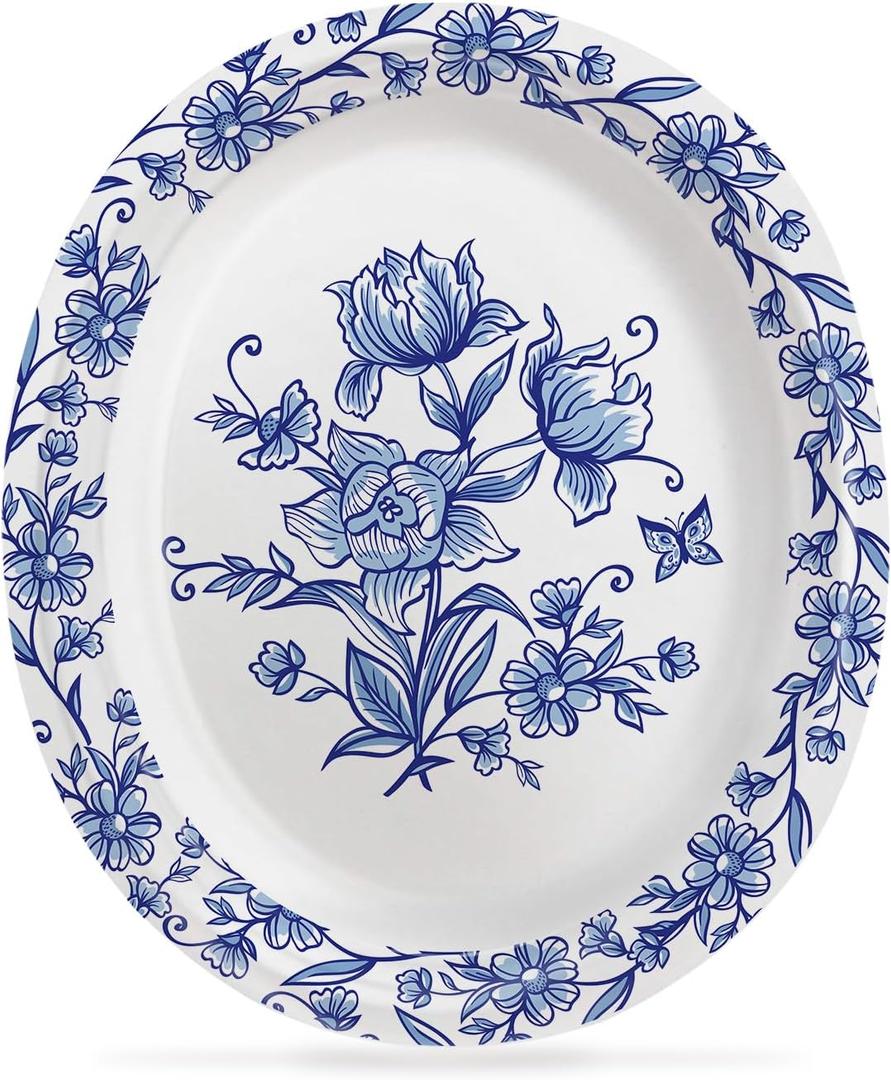50 Pcs Oval Paper Plates 12 Inch, Floral Paper Plates Heavy Duty, Blue Large Disposable Dinner Serving Platters for July Picnic Wedding