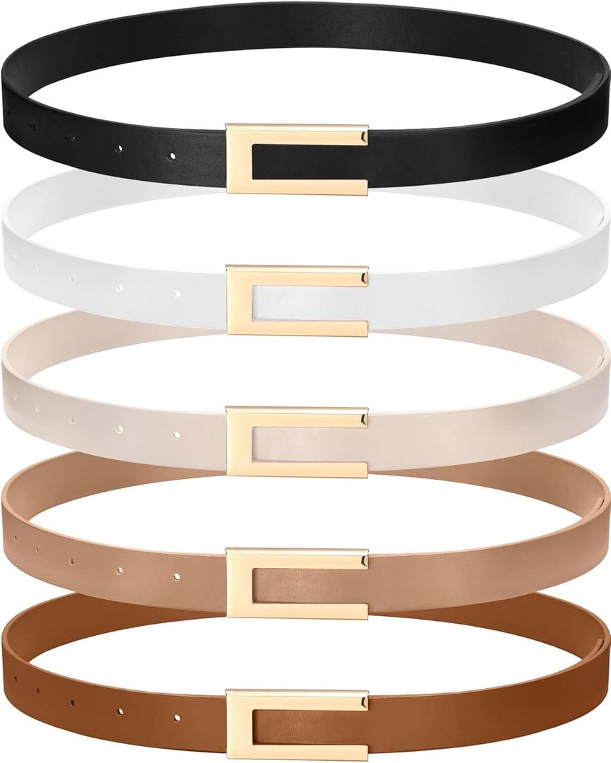 JaGely 5 Pcs Women Skinny Leather Belts Thin Women Waist Belt for Dresses Jeans Pants with Gold Buckle (Beige)