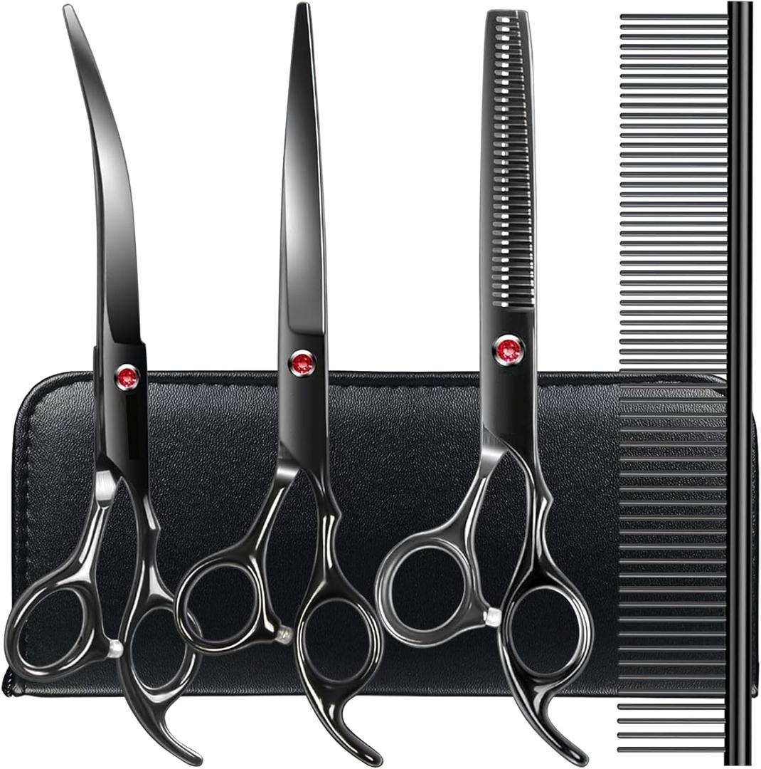 Professional Dog Grooming Scissors kit Black 5 in 1, Dog Shears for Grooming 6CR Premium Stainless Steel Grooming Scissors Kit for Dogs Cat Pet