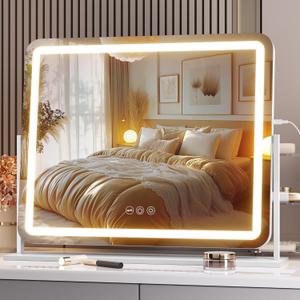 Hasipu Vanity Mirror with Lights, 22" x 18" LED Makeup Mirror, Light up Mirror with Smart Touch 3 Colors Dimmable, Brightness Adjustment, 360 Rotation (White)