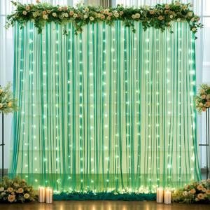 10ft x 10ft Hunter Green Tulle Photo Backdrop Curtain with Lights String for Christmas Party Sheer Curtain Backdrop Drapes for Birthday Party Holiday Wedding Photo Booth Background Room Decorations