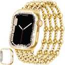 Stainless Steel Beaded Bracelet & Case for Apple Watch Band 40mm 38mm 41mm 42mm 44mm 45mm Women, Handmade Dressy Cute iPhone Watch Bands Stretchy Fashion Straps for iWatch Series 9 8 7 6 5 4 3 2 1 SE (A-Gold Band + Gold Case (No Screen Protector))