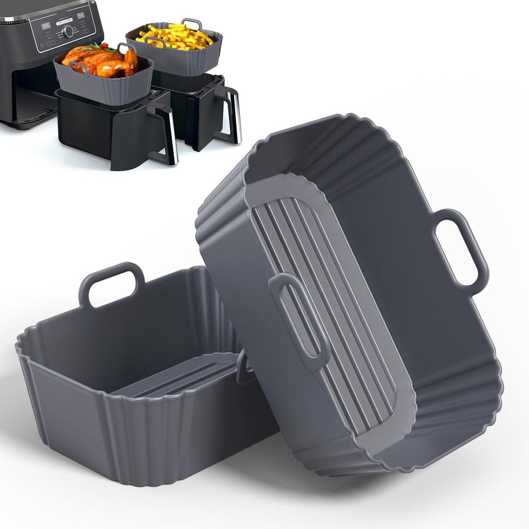 Silicone Air Fryer Liners 2 Pack, Reusable Compatible for Ninja Foodi DZ201, DZ401, DZ550, COSORI, Chefman, Instant, and 6-in-1 8-10QT Baskets (Grey)