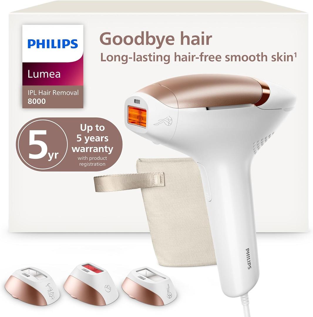 Philips Lumea 8000 Series IPL Hair Removal Device, Permanent Laser Hair Reduction for Women & Men, Easy and Comfortable Use at Home, SenseIQ, 3 Attachments for Body, Face, Intimate, BRI937/03 (White)