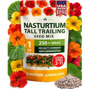 HOME GROWN Nasturtium Seeds Dwarf Tall Trailing Mix 250+ Edible Flower Seeds for Planting Outdoors Fast Germination, Low-Maintenance Climbing & Trailing Nasturtium (Tropaeolum majus) (1-Pack)