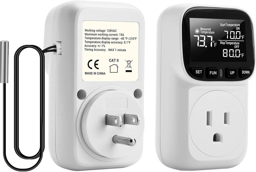 Diymore 1800W Digital Temperature Controller Plug in Thermostat Outlet Digital RV Thermostat Heating Cooling Mode Timer 15A /120V -104~210 for Greenhouse Incubator Homebrew Pool Thermometer
