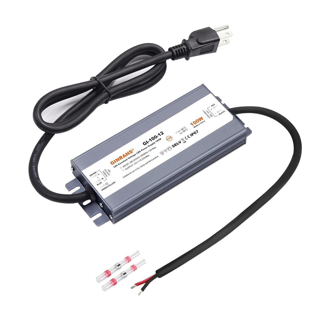 100W IP67 Waterproof Constant Voltage LED Driver Power Supply Transformer, 100-240V AC Universal Input with Plug, Output 12V DC 8.33A Max. for Outdoor LED Lighting