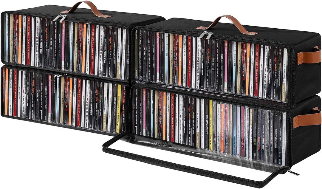 Clear Front CD Storage Box 4 Pack, Dustproof Zippered CD Case Holder with Top & Side Handles, Stores 140+ Discs Total, See All Disc Titles at a Glance, 15.75 x 6.1 x 5.3in, Black