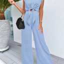 PRETTYGARDEN Women's Summer 2 Piece Outfits 2026 Cap Sleeve V Neck Belted Crop Tops Wide Leg Pant Sets Casual Tracksuit (Blue, M)