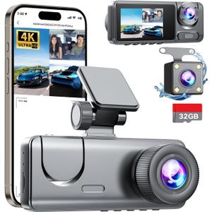 3 Channel Dash Cam Front and Rear Inside, Bulit a 32GB Card, Dash Camera for Cars,4K Full HD 2.0'' IPS Screen Dashcam with G-Sensor, IR Night Vision, WDR, Loop Recording, 24H Parking Mode
