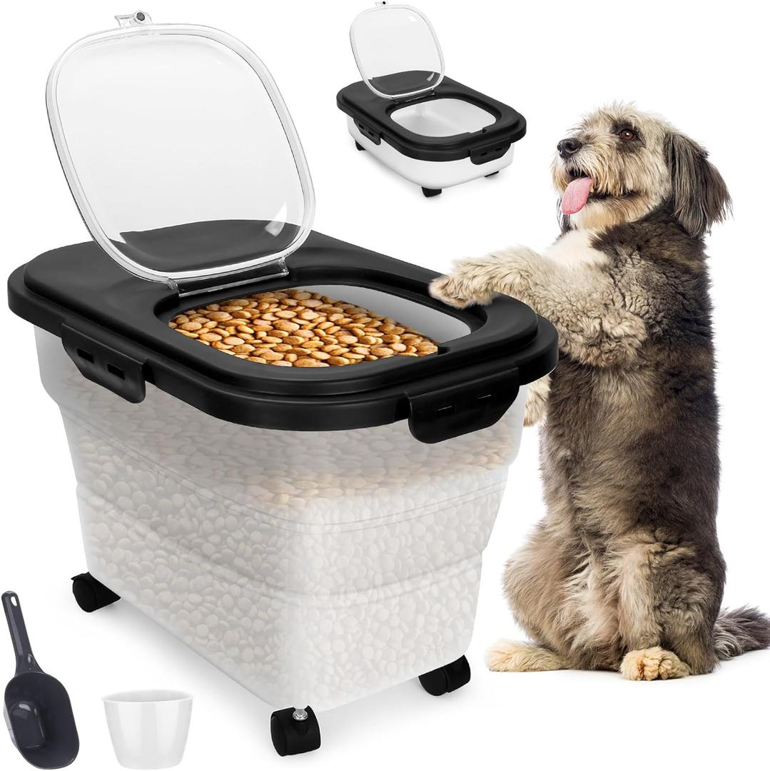 Dog Food Container, Collapsible Pet Food Storage Container 17-20 lb with Rolling Wheels & Airtight Lid, Plastic Storage Bin With Dog Food Scoop and Measuaring Cups (Black)