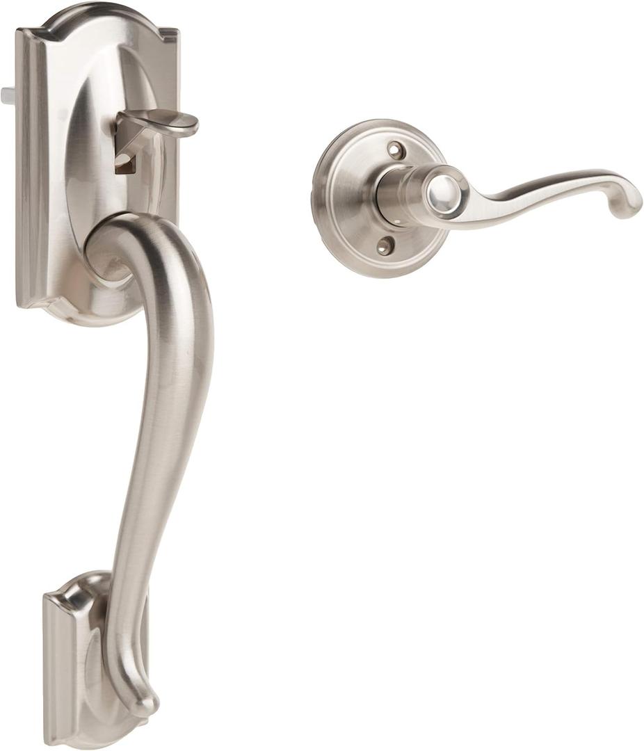 Schlage FE285 CAM 619 FLA LH Camelot Front Entry Handleset with Left-Handed Flair Lever, Lower Half Grip, Satin Nickel
