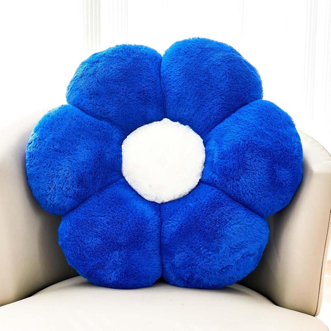 Royal Blue Flower Pillow, Cute Decorative Flower Shaped Throw Pillow with Faux Rabbit Fur, 19.6" Soft Flower Plush Throw Pillow Floor Pillows Room Dcor for Bedroom Living Room