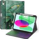Soke for iPad (A16) 11th/10th Generation Case with Keyboard(2025/2022)-7 Color Backlight Wireless Detachable Folio Keyboard Cover with Built-in Pencil Holder for iPad 11/10.9 inch, Green Marble